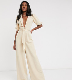 Комбинезон с пышными рукавами и поясом ASOS DESIGN Tall-Светло-бежевый