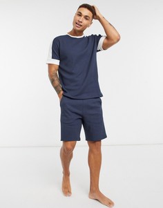 Шорты и футболка для дома из вафельного трикотажа со вставками ASOS DESIGN-Темно-синий