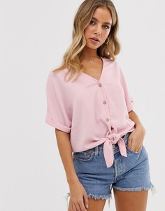 Пастельно-розовая футболка на пуговицах с завязкой New Look-Розовый