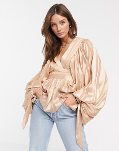 Золотистый топ в полоску с пышными рукавами и V-образным вырезом ASOS DESIGN-Бесцветный