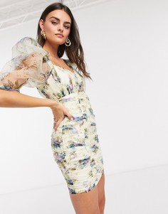 Присборенное платье мини с цветочным узором и пышными рукавами ASOS DESIGN-Мульти