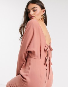 Платье миди терракотового цвета с рукавами-кимоно и завязкой на спине ASOS DESIGN-Розовый