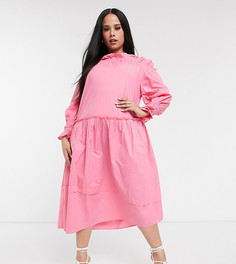 Розовое платье миди со спущенными плечами River Island Plus-Розовый