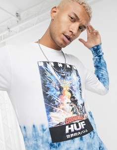 Бело-синий лонгслив с принтом тай-дай HUF X Godzilla Space-Белый