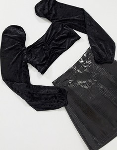 Черный бархатный кроп-топ с пышными рукавами Missguided