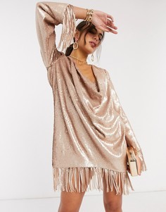 Розовое платье А-силуэта с пайетками и свободным воротом ASOS DESIGN-Розовый