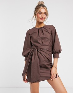Коричневое хлопковое платье мини с узлом ASOS DESIGN-Коричневый