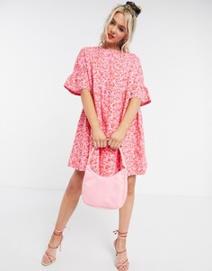 Платье мини с оборками на рукавах и цветочным принтом ASOS DESIGN-Розовый