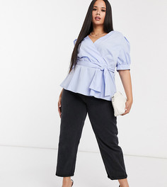 Синий топ с короткими пышными рукавами и запахом ASOS DESIGN Curve-Бесцветный