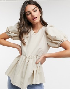 Светло-бежевая хлопковая футболка с пышными рукавами ASOS DESIGN-Светло-бежевый