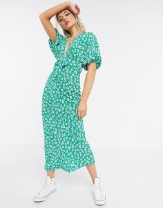 Зеленое чайное платье миди с цветочным принтом ASOS DESIGN-Мульти