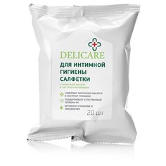 Delicare Влажные салфетки для интимной гигиены c молочной кислотой и эфирным маслом ромашки, 20 шт