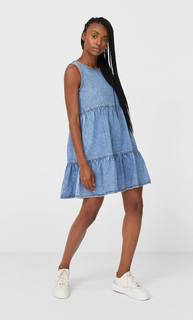Stradivarius Джинсовое Платье С Воланами Женская Коллекция Светлый Деним M