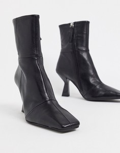 Черные кожаные ботинки на каблуке с квадратным носком ASOS DESIGN-Черный