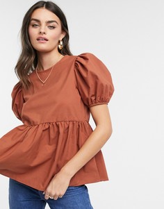 Хлопковая футболка цвета ржавчины с пышными рукавами ASOS DESIGN-Оранжевый