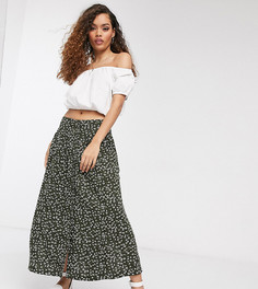 Зеленая юбка миди с пуговицами и цветочным принтом ASOS DESIGN Petite-Зеленый