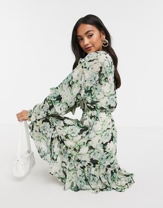 Приталенное платье с зеленым цветочным принтом и оборками Vero Moda-Мульти