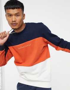 Свитшот колор блок темно-синего и оранжевого цвета Jack & Jones Originals-Темно-синий