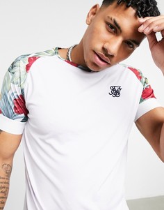Белая футболка с цветочным принтом на рукавах реглан SikSilk-Белый
