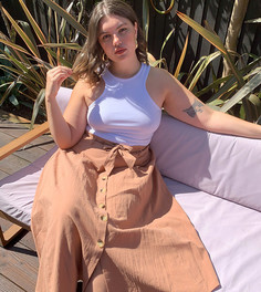 Коричневая юбка миди на пуговицах с поясом ASOS DESIGN Curve-Мульти