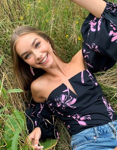 Хлопковый топ с пышными рукавами и цветочным принтом ASOS DESIGN-Мульти