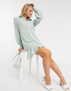 Шалфейно-зеленое платье-рубашка с оборкой Missguided-Зеленый