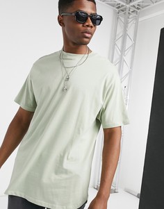 Длинная свободная футболка цвета хаки с закругленным краем ASOS DESIGN-Зеленый