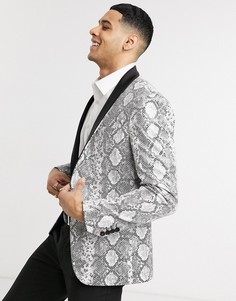 Приталенный пиджак-смокинг со змеиным принтом Avail London-Серый