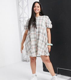 Свободное платье А-силуэта в клетку с пышными рукавами ASOS DESIGN Curve-Мульти