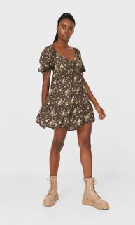 Stradivarius Платье С Принтом И Сборкой Женская Коллекция Коричневый S