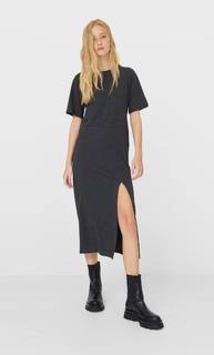 Stradivarius Платье Миди С Короткими Рукавами Женская Коллекция Темно-Серый L
