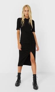 Stradivarius Платье Миди В Тонкий Рубчик Женская Коллекция Черный S