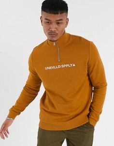 ASOS Urvlld Supply half zip sweatshirt in brown with print-Коричневый