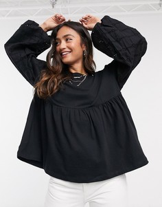 Черный свободный топ с вышивкой на рукавах ASOS DESIGN