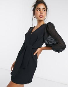 Черное платье мини с пышными рукавами и запахом ASOS DESIGN-Черный