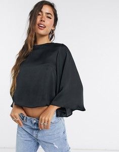 Черный атласный топ с рукавами-кимоно и узлом на спине ASOS DESIGN
