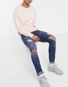 Синие выбеленные джинсы скинни с рваной отделкой Topman-Синий