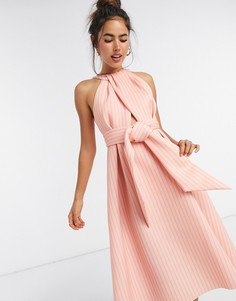 Платье миди в полоску с высоким воротом и поясом ASOS DESIGN-Мульти