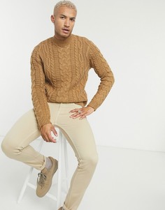 Бежевый свитер с высоким воротником и узором "в косичку" ASOS DESIGN-Коричневый