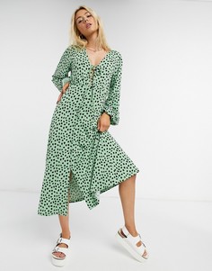 Зеленое чайное платье миди в горошек с завязкой ASOS DESIGN-Зеленый