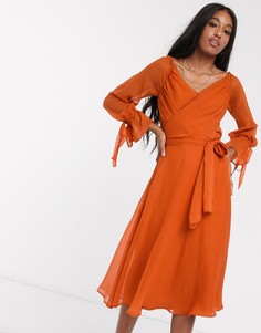 Красное платье миди с запахом и кружевной отделкой ASOS DESIGN-Мульти