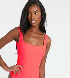 ASOS DESIGN tall deep rib square neck swimsuit in faded fluorescent red-Красный