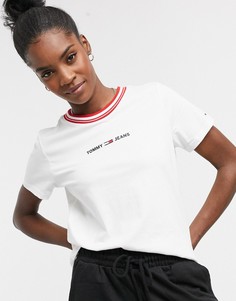Белая футболка с контрастной отделкой в рубчик и логотипом Tommy Jeans-Белый
