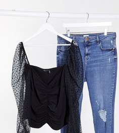Черный топ со сборками и сетчатыми рукавами в горошек ASOS DESIGN Curve