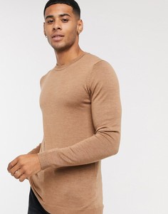 Облегающий джемпер из мериносовой шерсти с круглым вырезом ASOS DESIGN-Коричневый