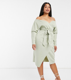 Синее платье миди с рукавами "летучая мышь", запахом и поясом ASOS DESIGN Curve-Синий