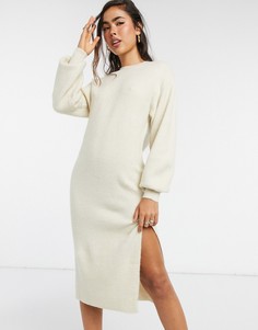Платье миди с круглым вырезом и пышными рукавами ASOS DESIGN-Кремовый