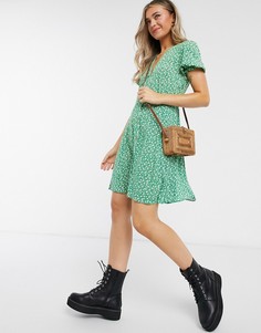 Зеленое чайное платье с принтом и пышными рукавами New look-Зеленый
