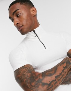 Обтягивающая футболка в рубчик с высоким воротником на молнии ASOS DESIGN-Белый