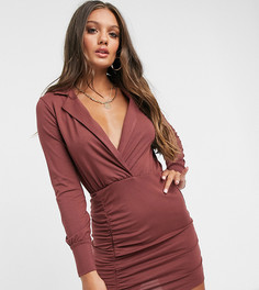Присборенное платье-рубашка мини с длинными рукавами ASOS DESIGN Petite-Коричневый